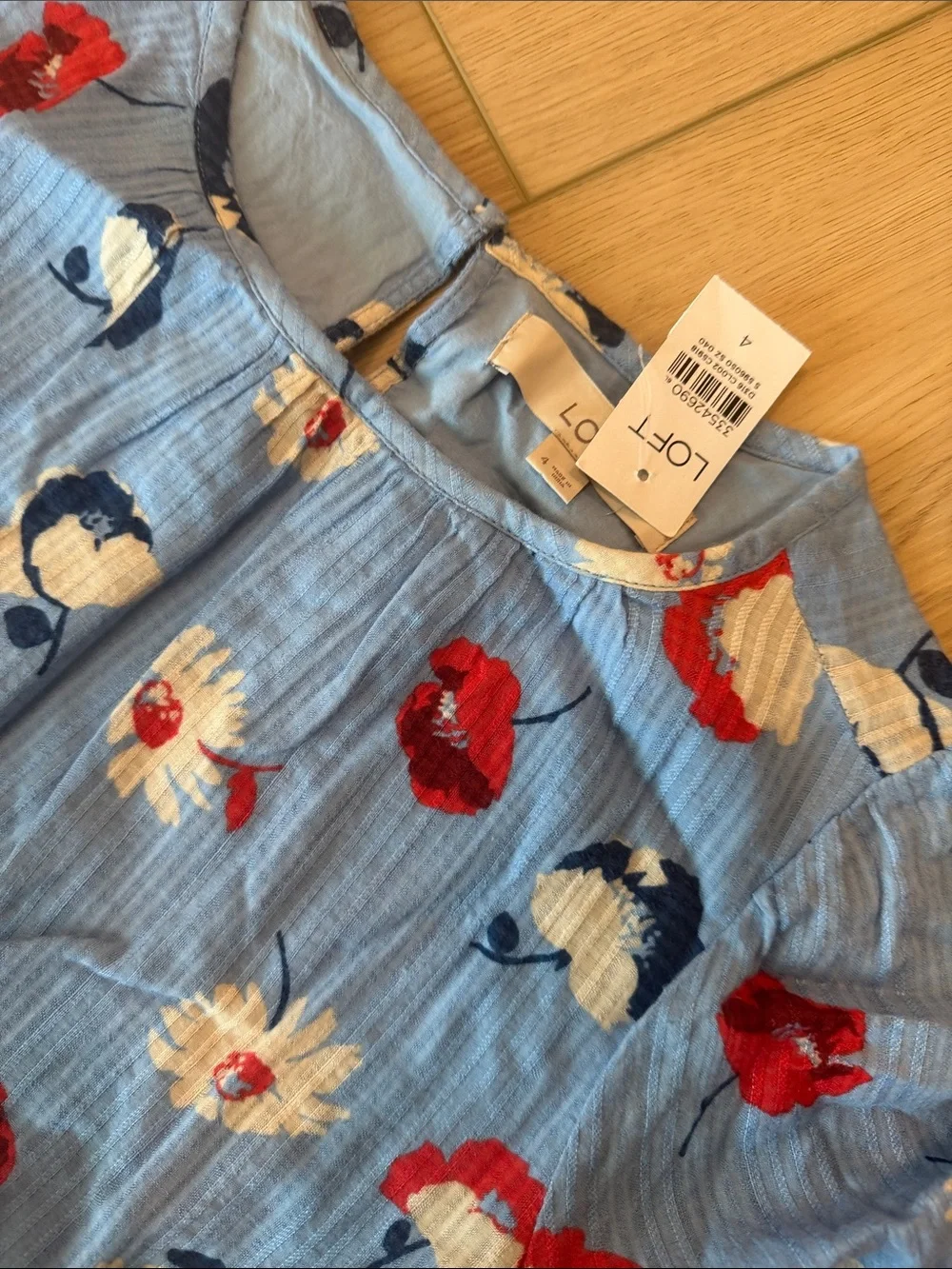 LOFT Sky Blue Floral Puff-Sleeve Tiered Dress NWT
